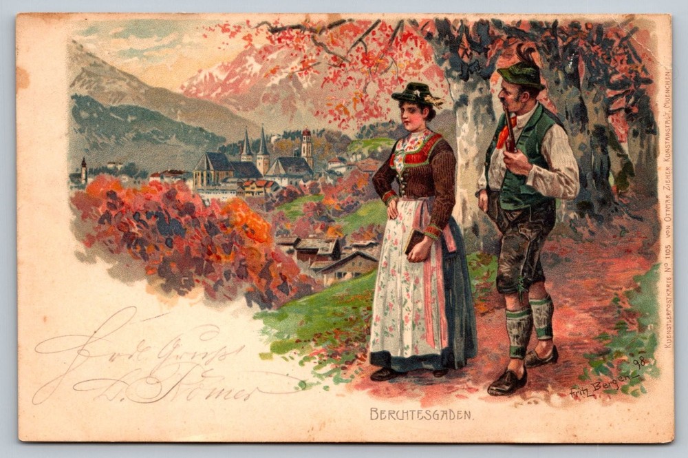 Antique Berchtesgaden German Postcard with Traditional Bavarian Costumes 1898