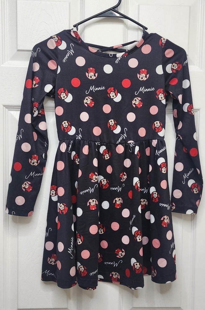 Disney Minnie Mouse Long Sleeve Dress Girls Size S 6/6X  Black With Polka Dots