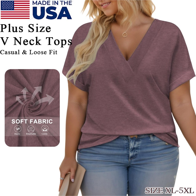 Plus Size 5X Women's V-neck Loose Top Soft and Breathable Solid Color T-shirt