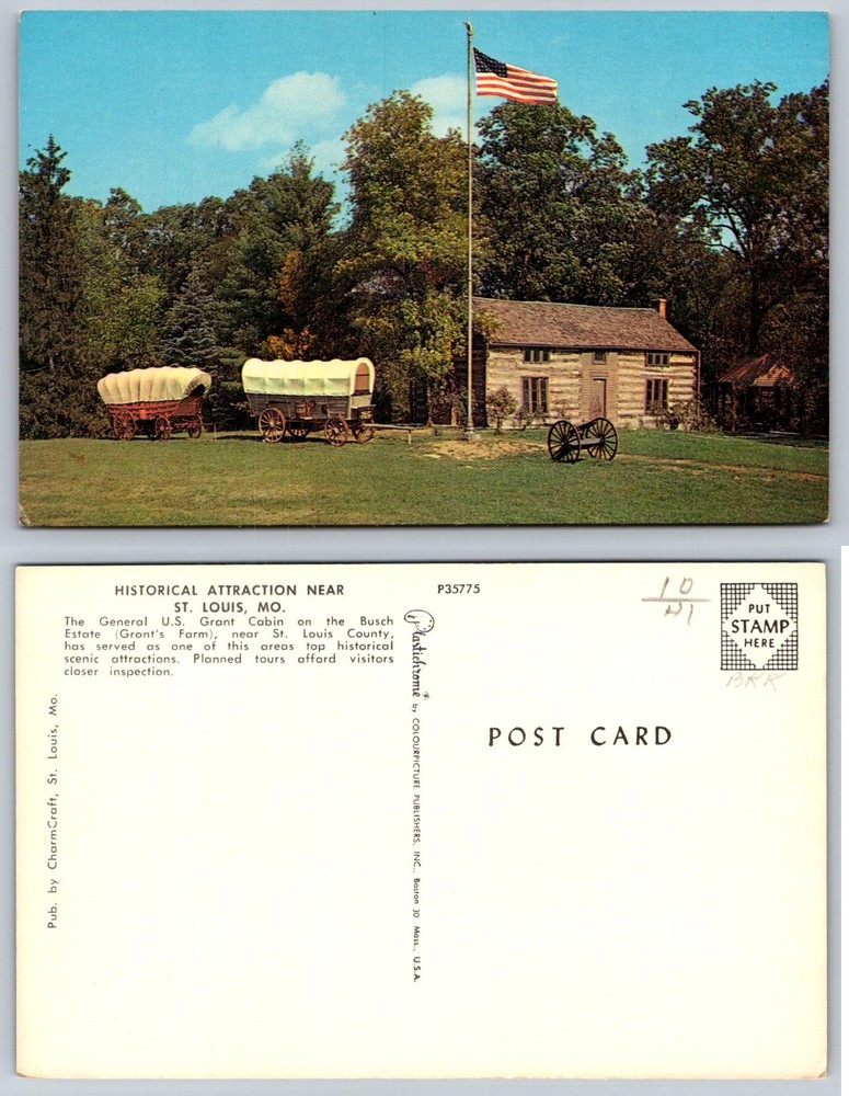 Grant's Farm St. Louis MO Cabin Covered Wagons Plastichrome Postcard