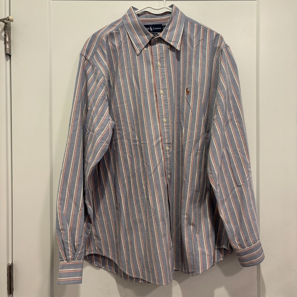 Polo Ralph Lauren Men XL Classic Fit Striped Oxford Button Down Shirt Blue Coral