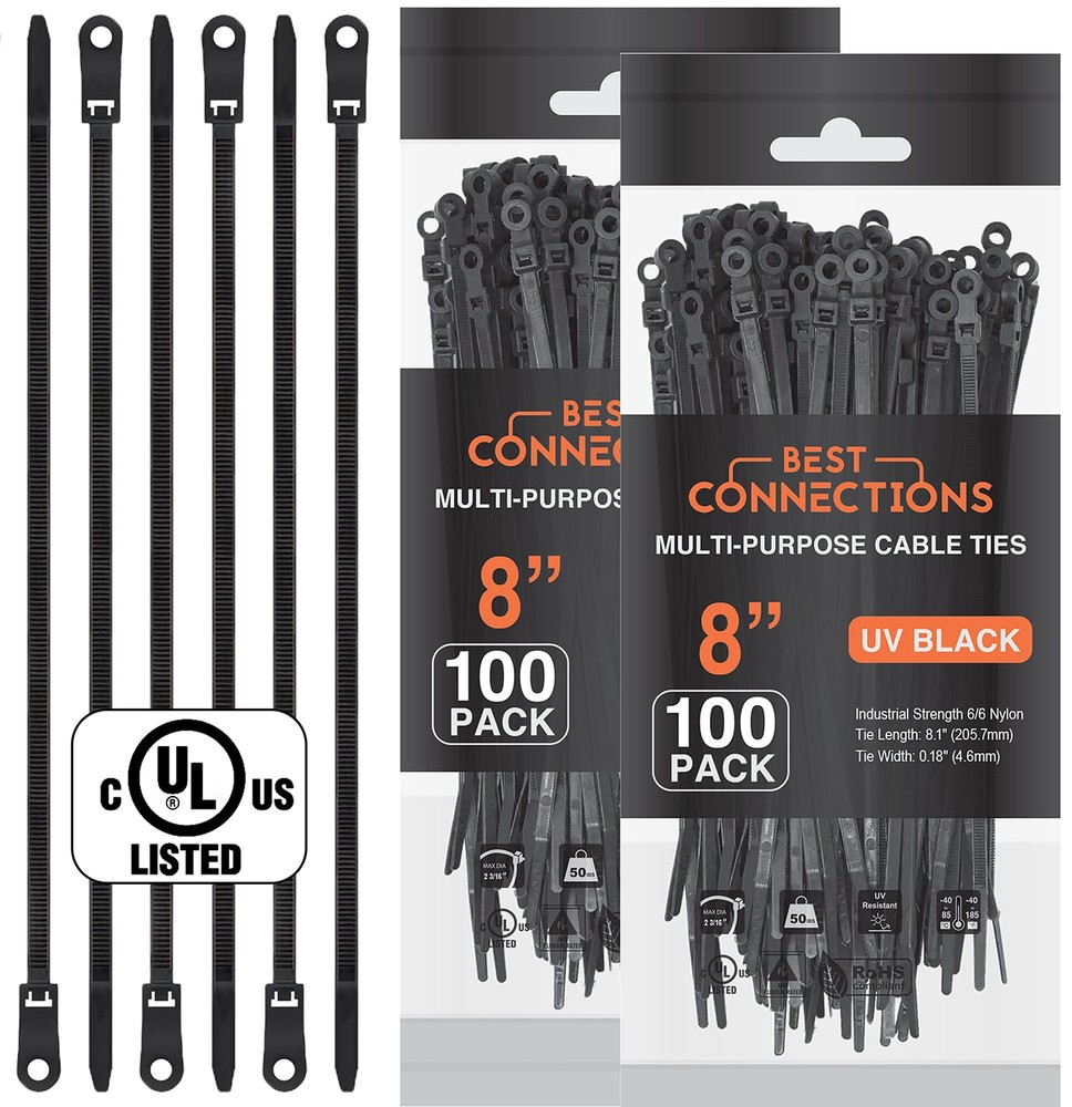 Black Cable Ties – 200 Pcs Cable Zip Ties 8 Inch with Screw Down Hole for Mou...