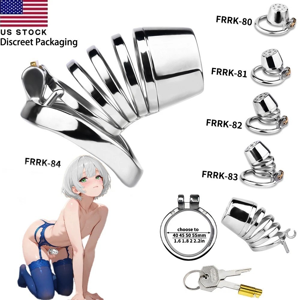 5 Men Metal Flat Chastity Cage Male Lock Device Penis Restraint with Tube BDSM