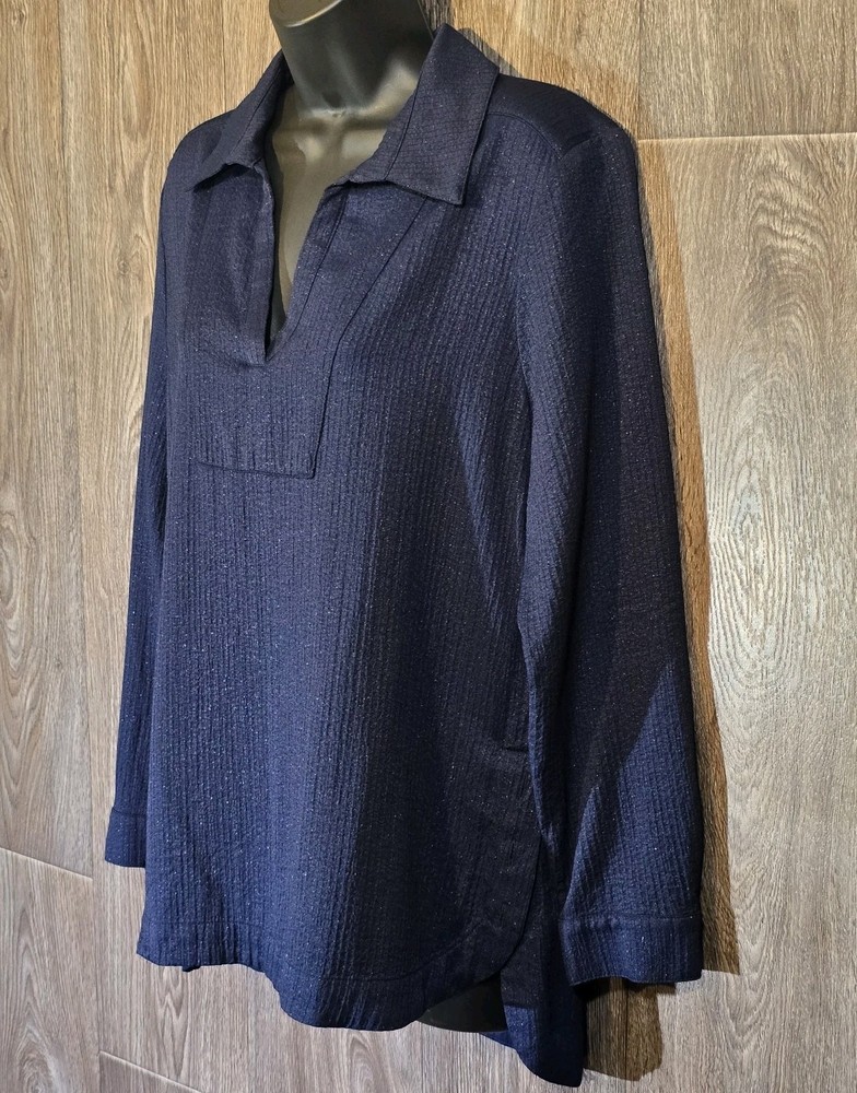 Chico's Women's Tunic Top Size 1 Blue Ribbed Lurex Sparkle V-Neck