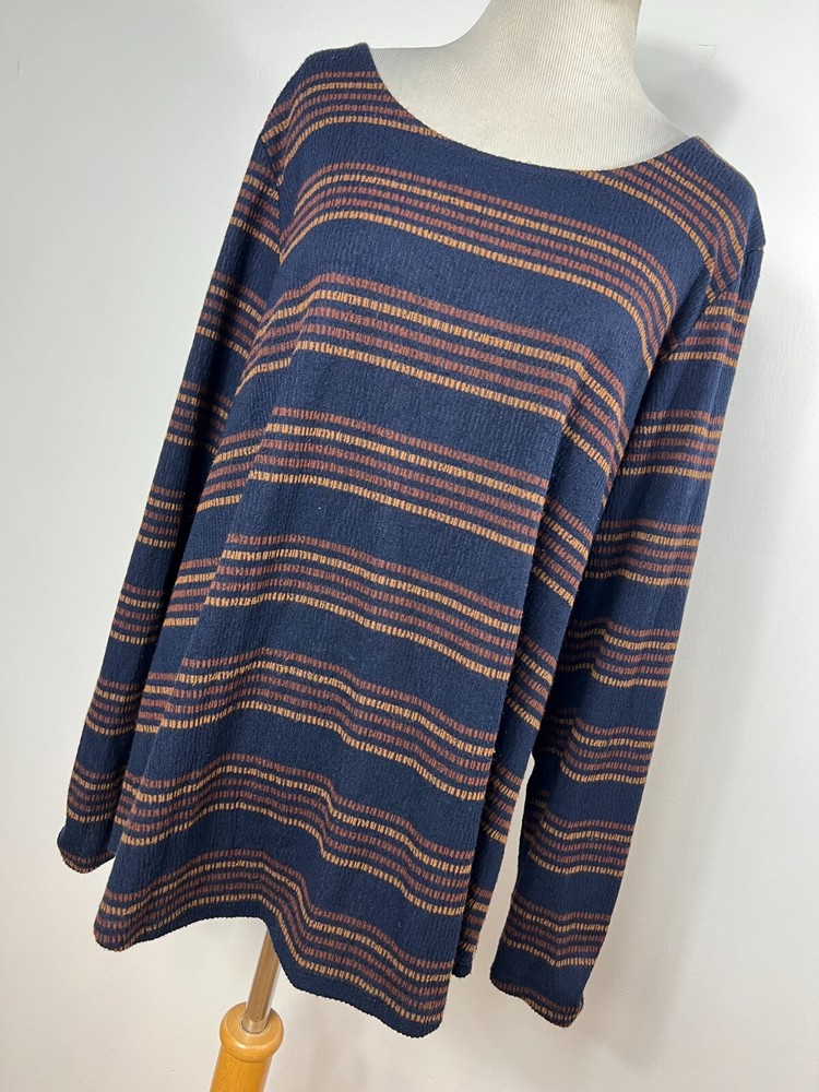 CJ Banks 1X Shirt Top Blue Brown Stripe Scoop Neck Long Sleeve Lightweight R3