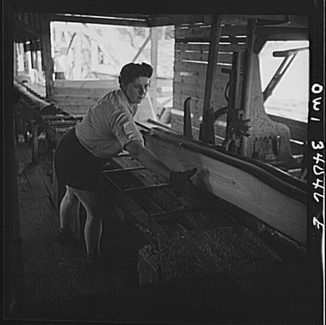 Photo:Woman at Textile Mill 1940s Factory Machinery Spinning Frame