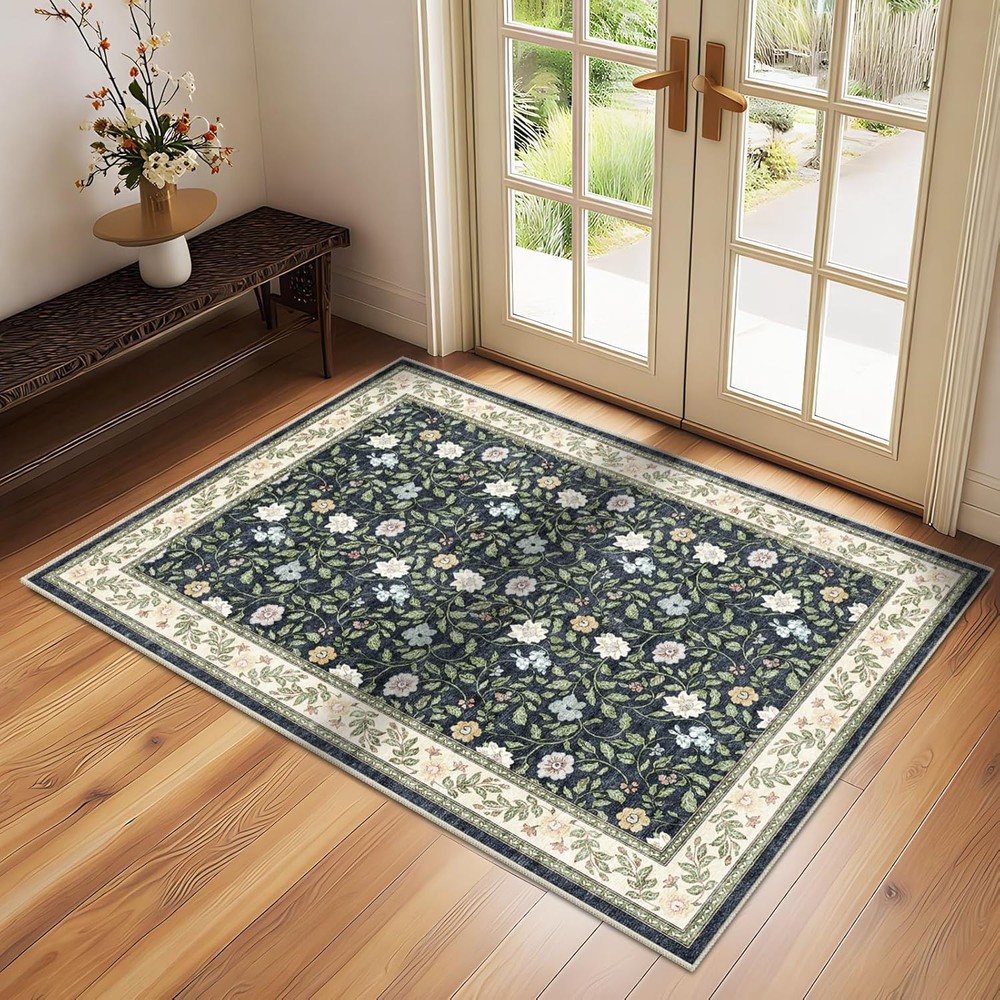 Green Floral Washable Area Rug 2x3 Front Door Throw Rugs for Kitchen/Living Room