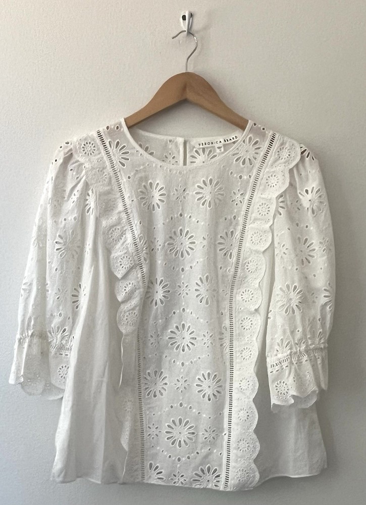 Veronica Beard Gale Blouse Size 12 Eyelet Cotton Top with Lattice Scallop Detail