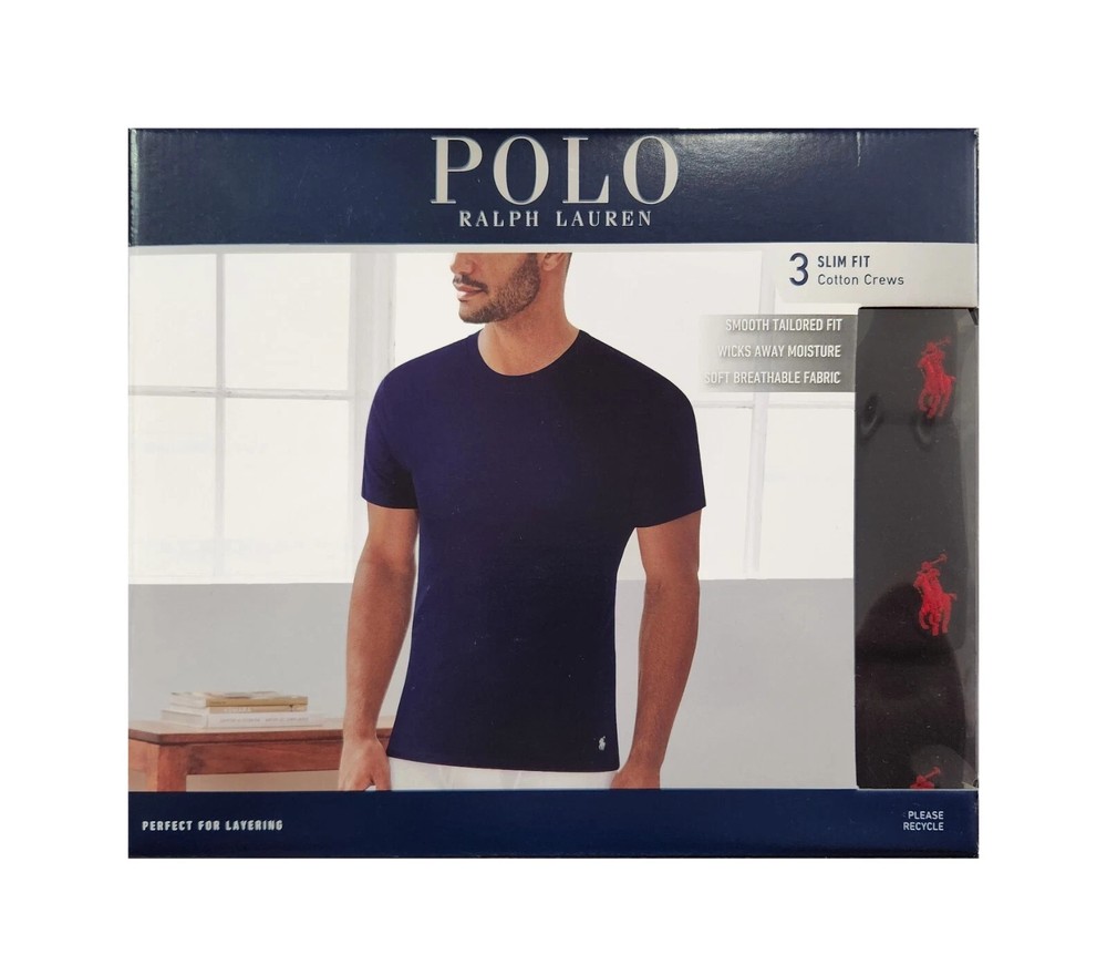 Polo Ralph Lauren Men's Black Slim Fit Crew-Neck 3 Pack T-Shirts - SIZE L