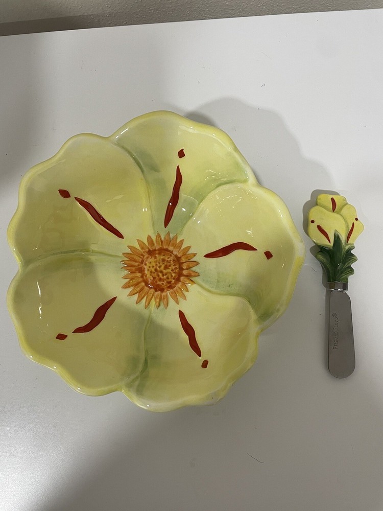 Vintage Fitz and Floyd Courtyard Dip Bowl and Spreader Yellow Flower