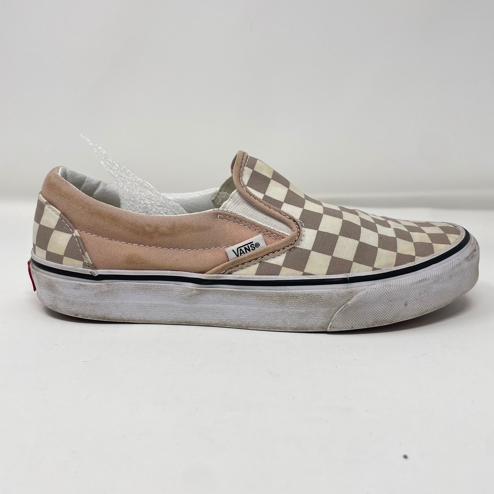 Vans Classic Slip-On Checkerboard Tan Cream Canvas Skate Shoes Mens 7.5 Womens 9