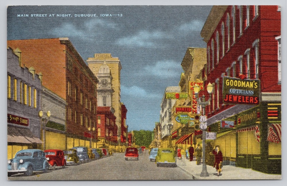 Vintage Linen Postcard Main Street at Night Dubuque Iowa 1930s