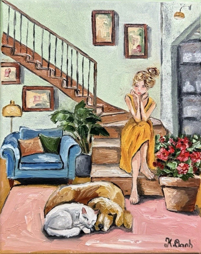 ORIGINAL OIL PAINTING A WOMAN LABRADOR WHITE CAT INDOOR SCENE SIGNED 8x10