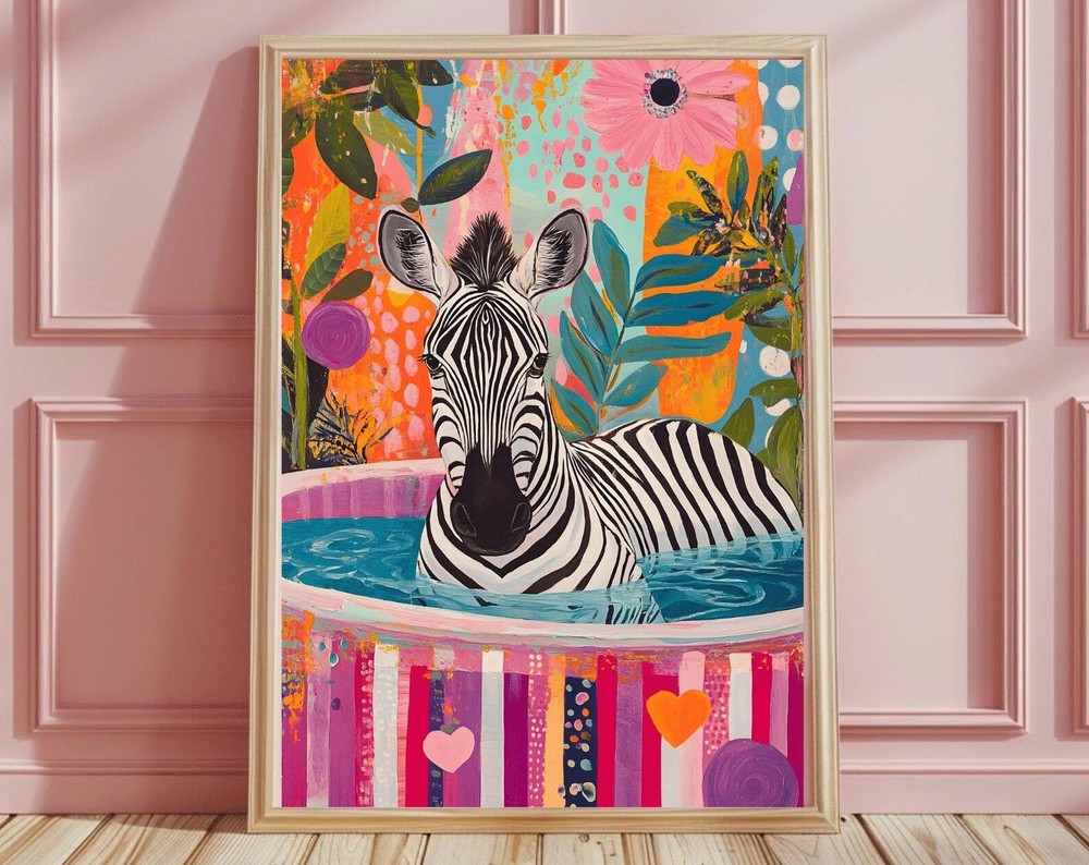 Animal Zebra Bathroom Print Zebra Painting Maximalist Decor Zebra Poster Wall