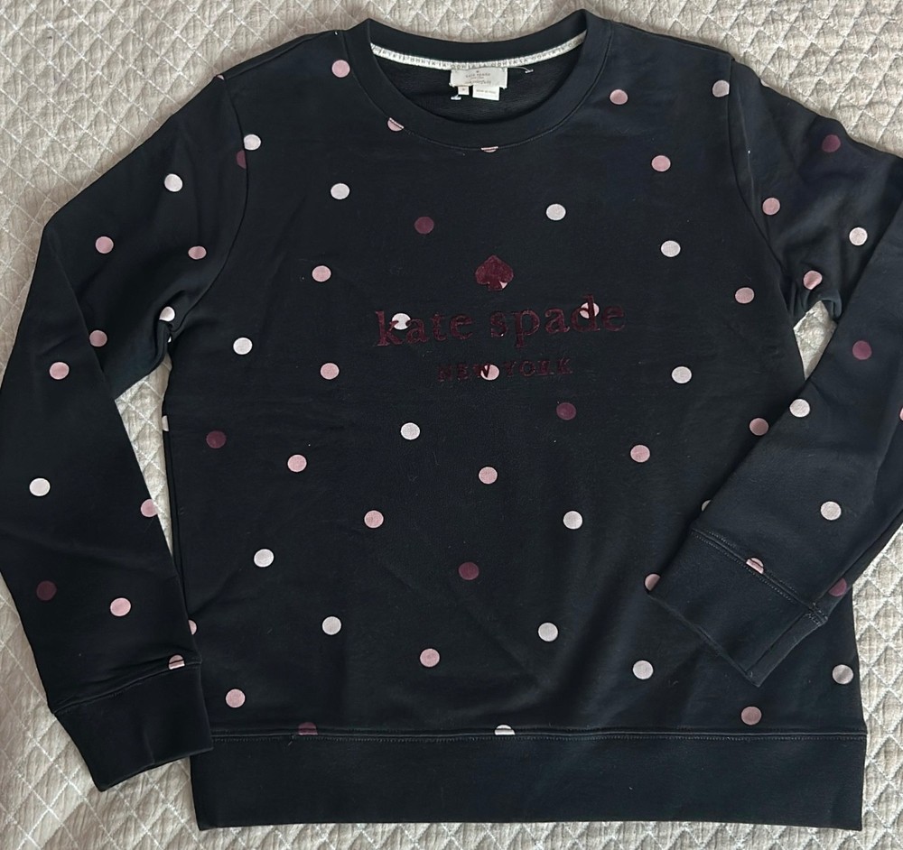 Kate Spade Bakery Cotton Sweatshirt Black Pink Polka Dot Crew Neck Pullover Sz S