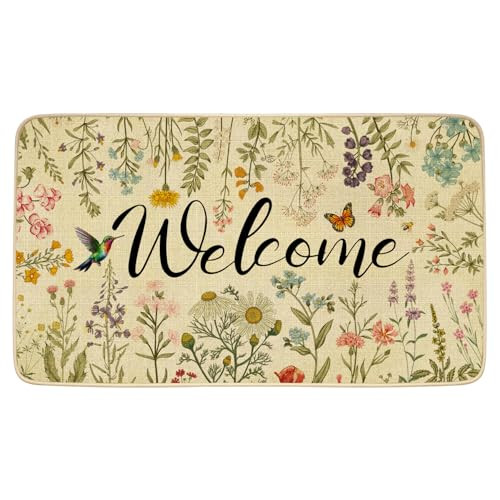 Spring Door Mat Floral Welcome Decor Doormat, Summer Flower Decorative Indoor