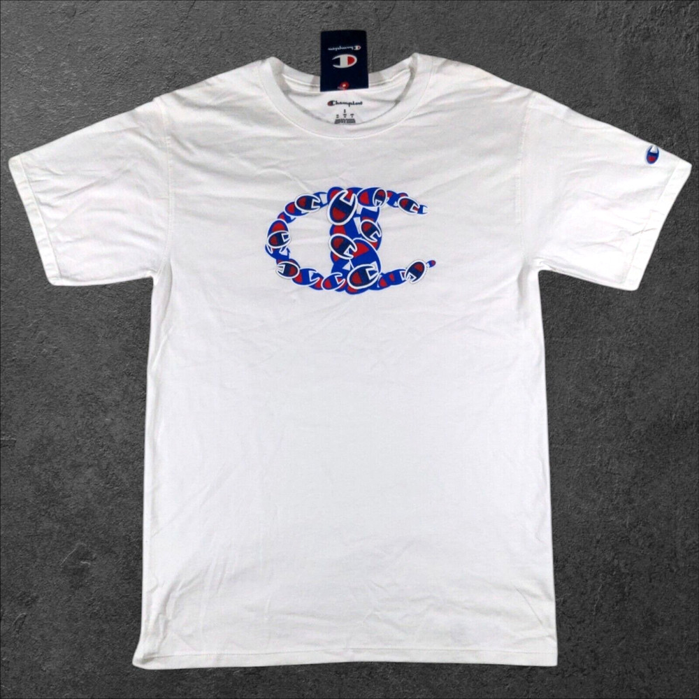 Champion Logo Short Sleeve Crew Neck Classic Graphic T-Shirt Men's Small White