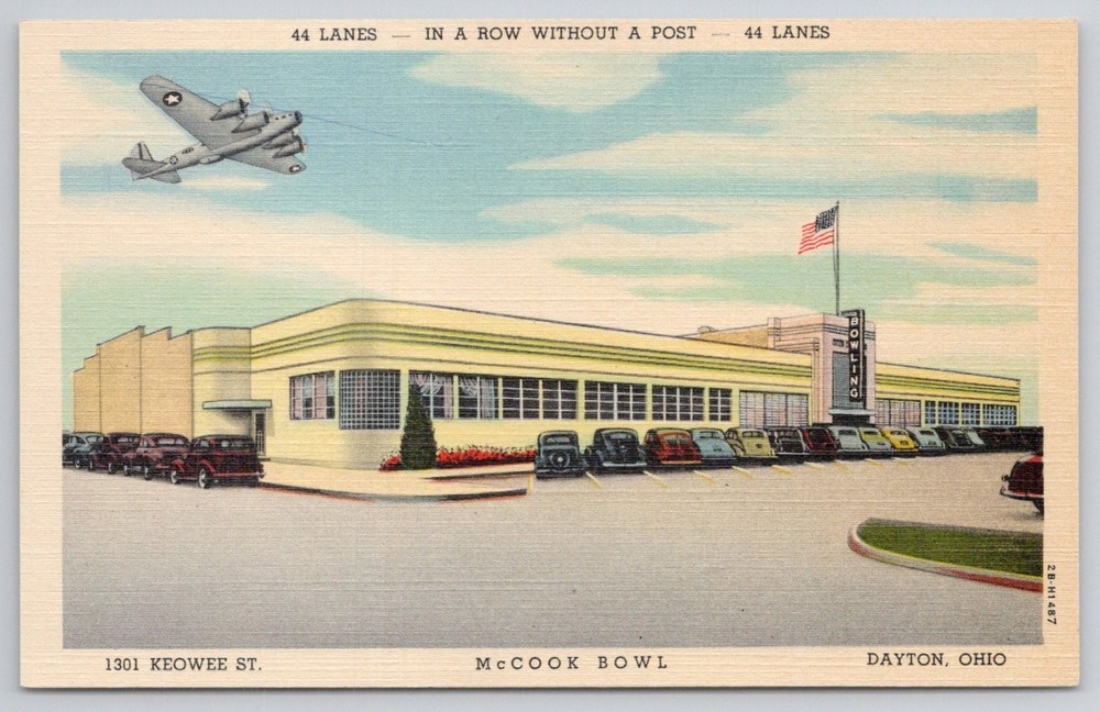 McCook Bowl Dayton OH Postcard Curteich Colortone Bomber Plane Bowling Alley