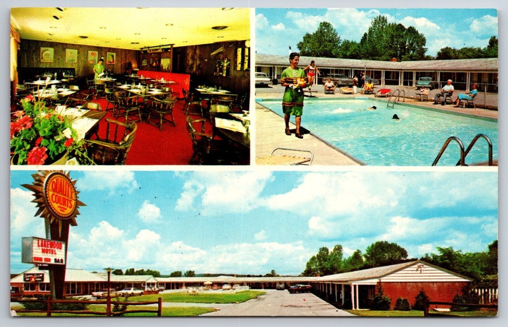 Roadside~New York~Lakewood Motel Multi-View~Swimming Pool~Dining~Vtg Postcard
