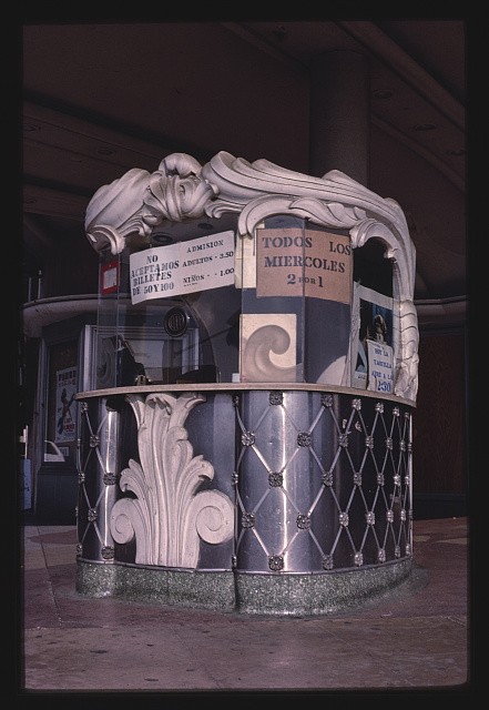 Fresno California Crest Theater 1987 ticket booth interior Spanish signs