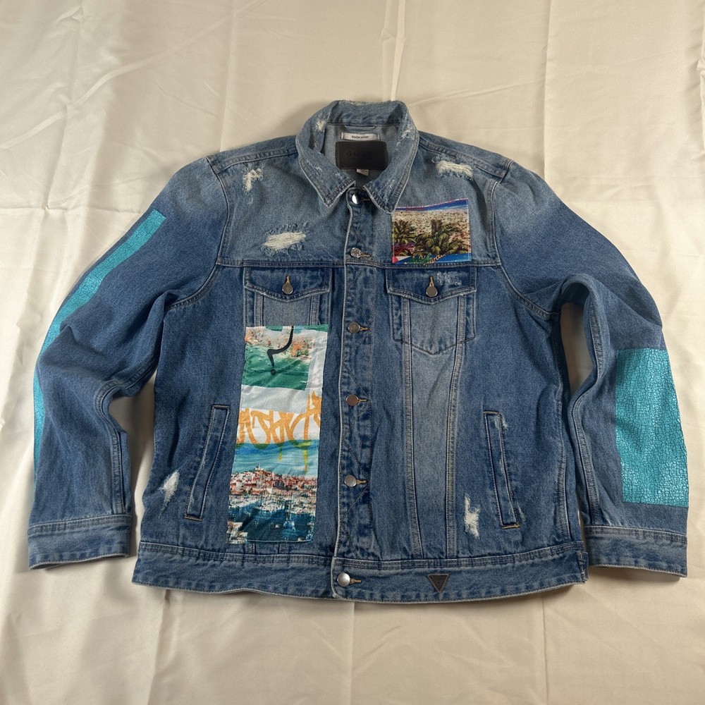 GUESS Men’s Dillon Distressed Jean Jacket Blue  W/ Patches, Size XXL, Hawaii