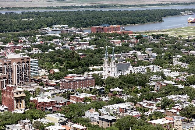 Photo:Savannah Georgia 2017 Aerial View Cityscape Skyline Cathedral