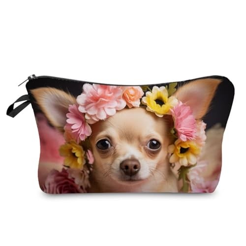 Floral Chihuahua Makeup Bag Cute Small Organizer Bag Toiletry Zipper Pouch