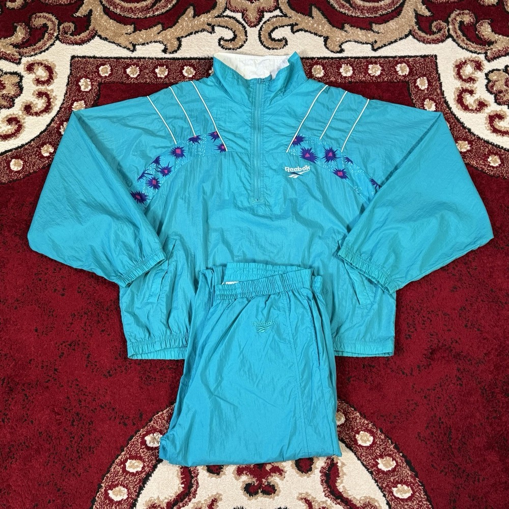 Vintage 80s Reebok Light Blue Full Set Track Suit Windbreaker Jacket XL Pants L