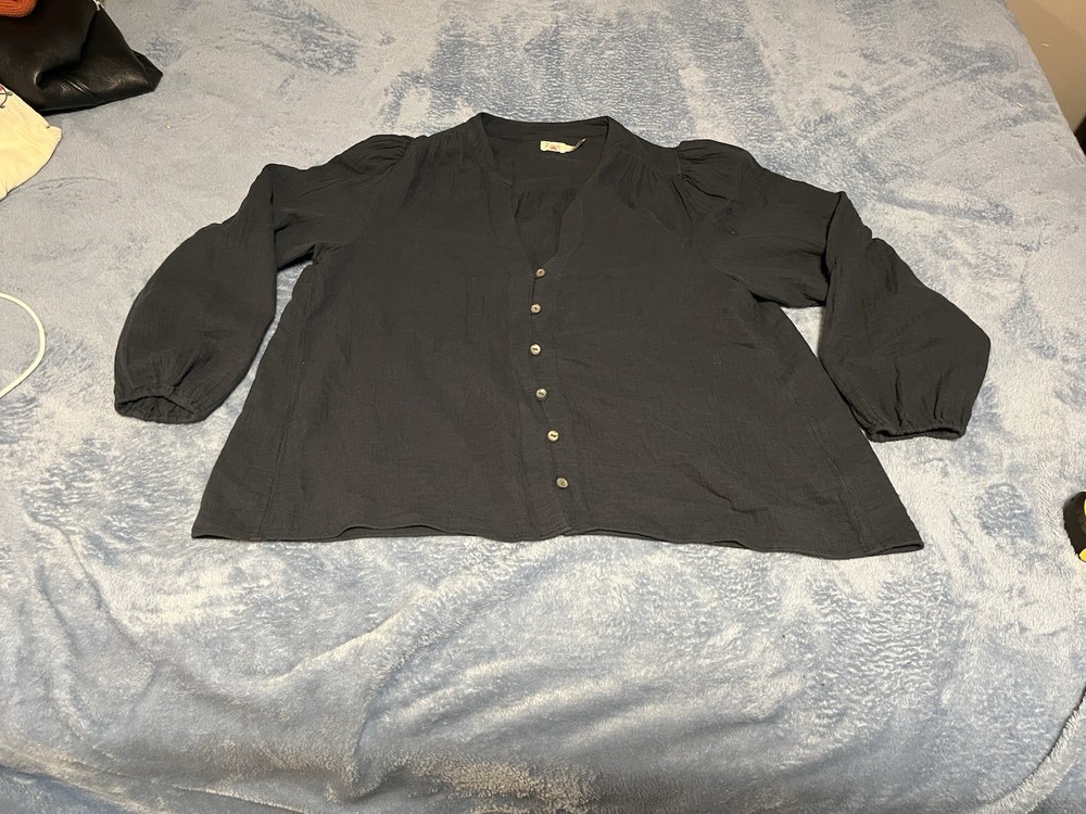 Faherty Finley Organic Cotton Double Weave Navy Blue Blouse Button Top Sz Large