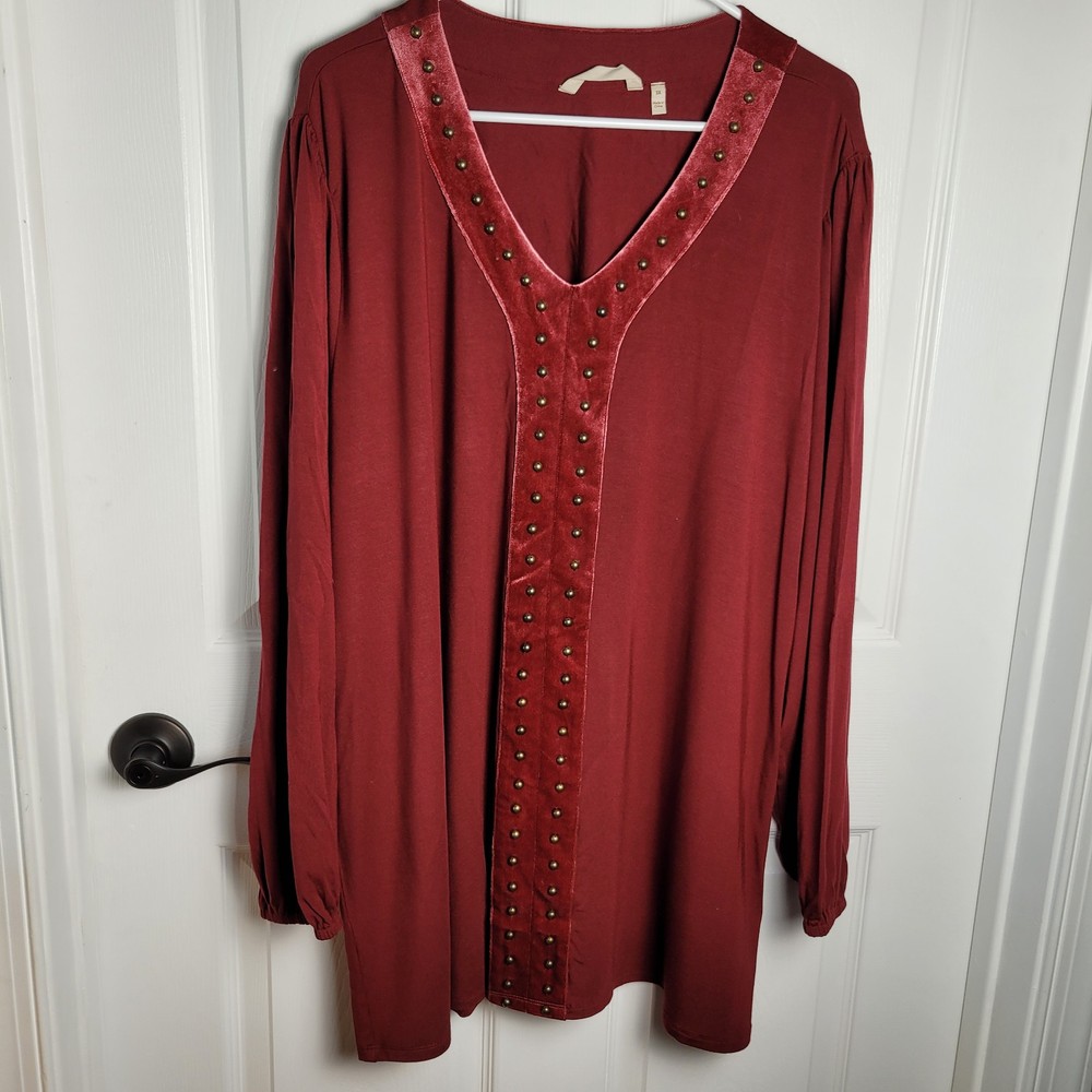 Soft Surroundings Top 3XL Red Adornment Jersey Tunic Lagenlook Velour Trim Stud