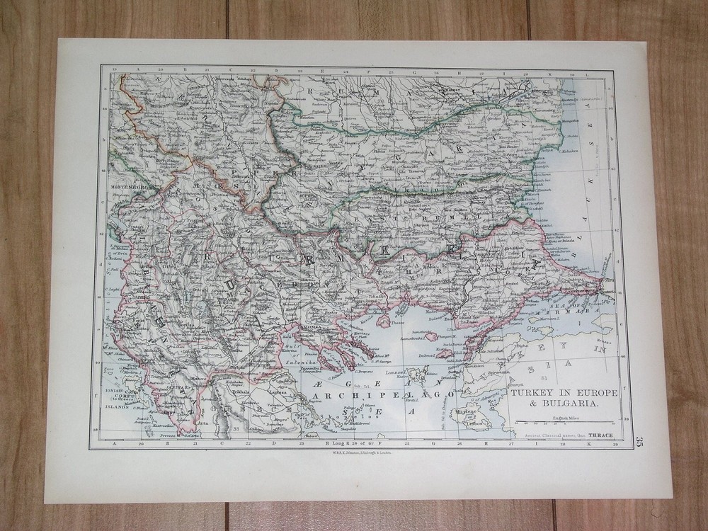 1896 Antique Map Of Turkey Greece Albania Eastern Rumelia Serbia / Verso Romania