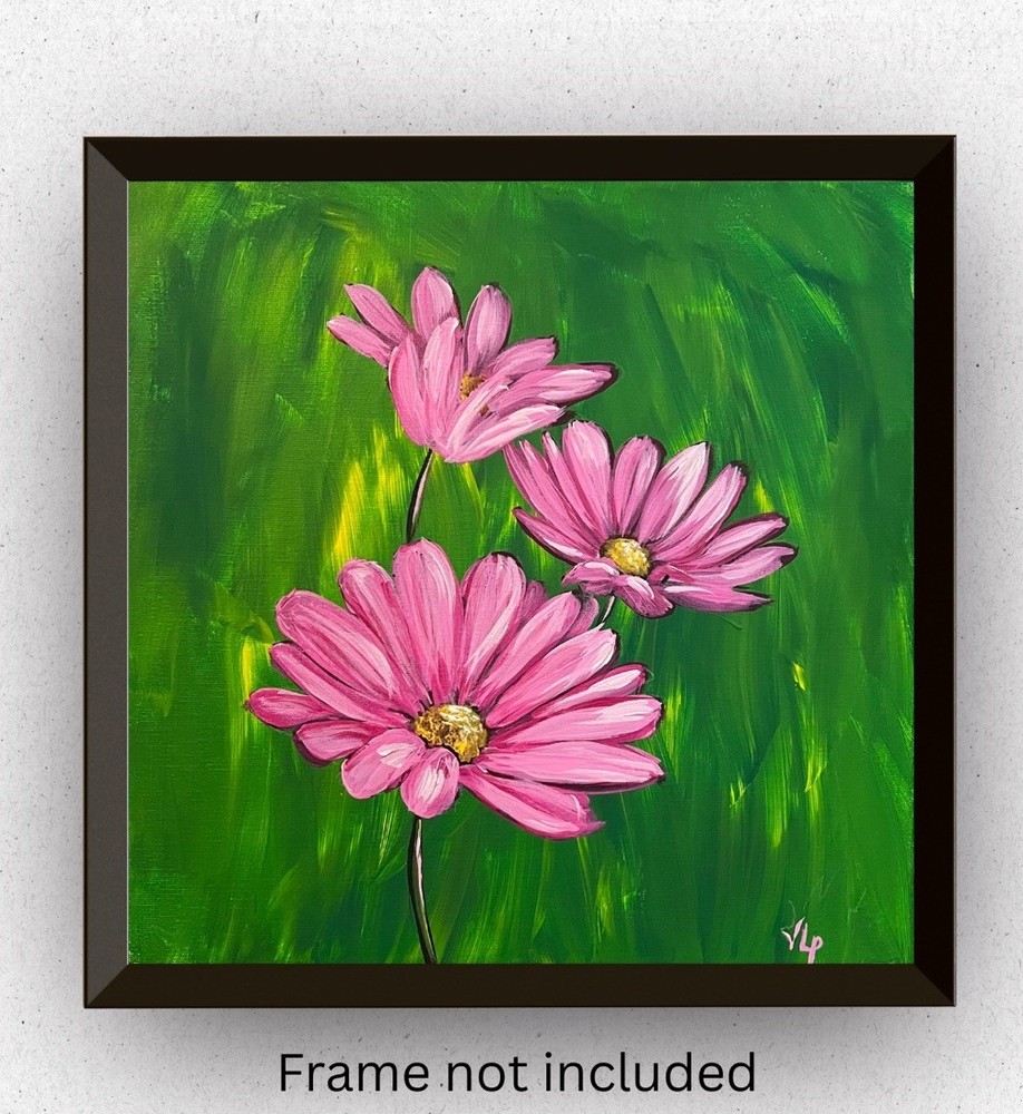 Original Impressionist 12x12” Canvas Art Pink Daisies Acrylic VLP Hand Painted