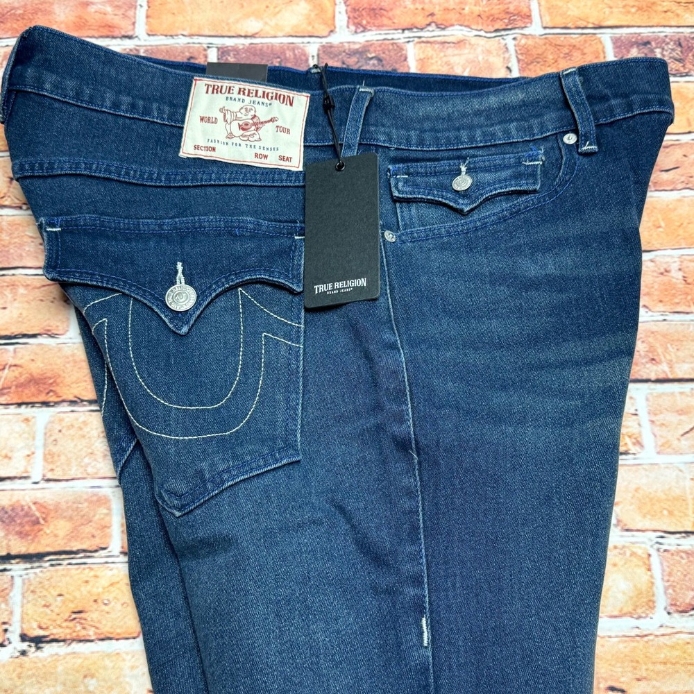 True Religion Mens Rocco Flaps Relaxed Skinny Dark Blue Stretch Jeans 36x31
