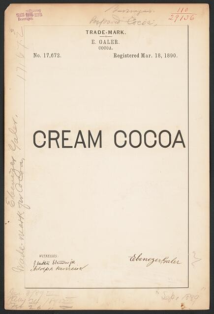 Photo:E Galer Cream Cocoa Trademark Registration 1890 Cocoa Brand