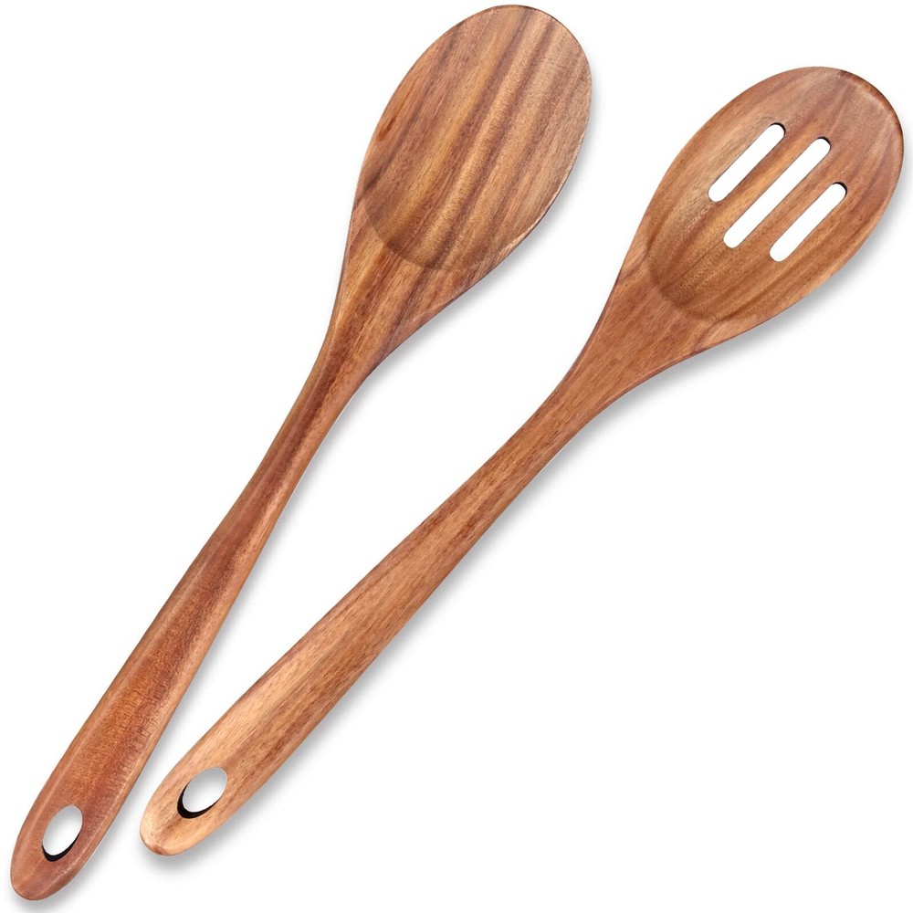 2-Piece 14 inch Large Wooden Spoon Set Slotted Spoon with Hole and Non-Stick ...