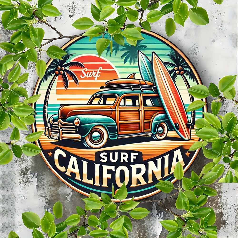 Round Tin Metal Sign Vintage Surf California Wall Art Decor 8x8