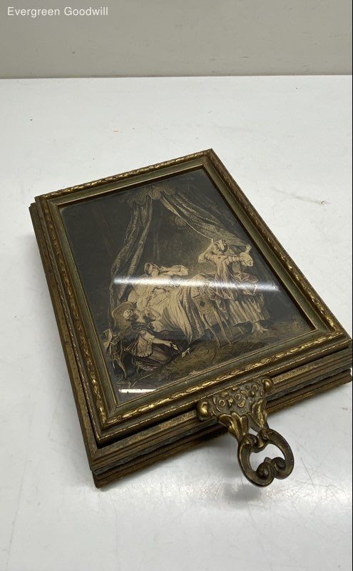Antique Victorian Era Portable Wood Jewelry Box & Mirror w/ Le Lever Print