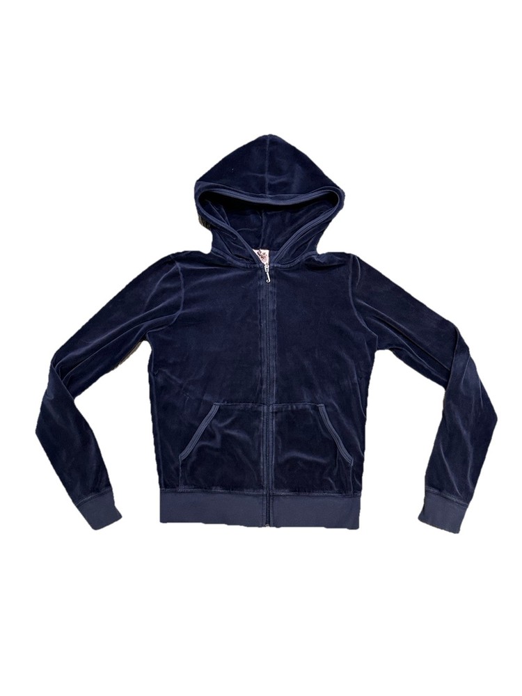Vtg Women's Juicy Couture Royal Crest Full Zip Velour Hoodie Navy Size M HOLE