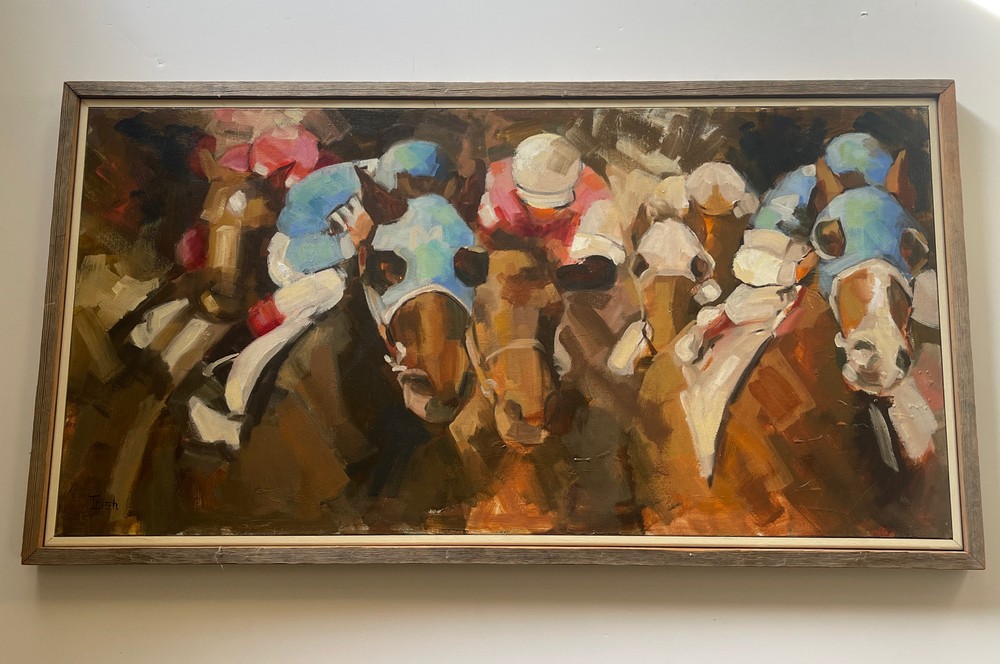 Mid Century Modern Painting Horse Race Track Jockey Large Vintage Patricia Alley