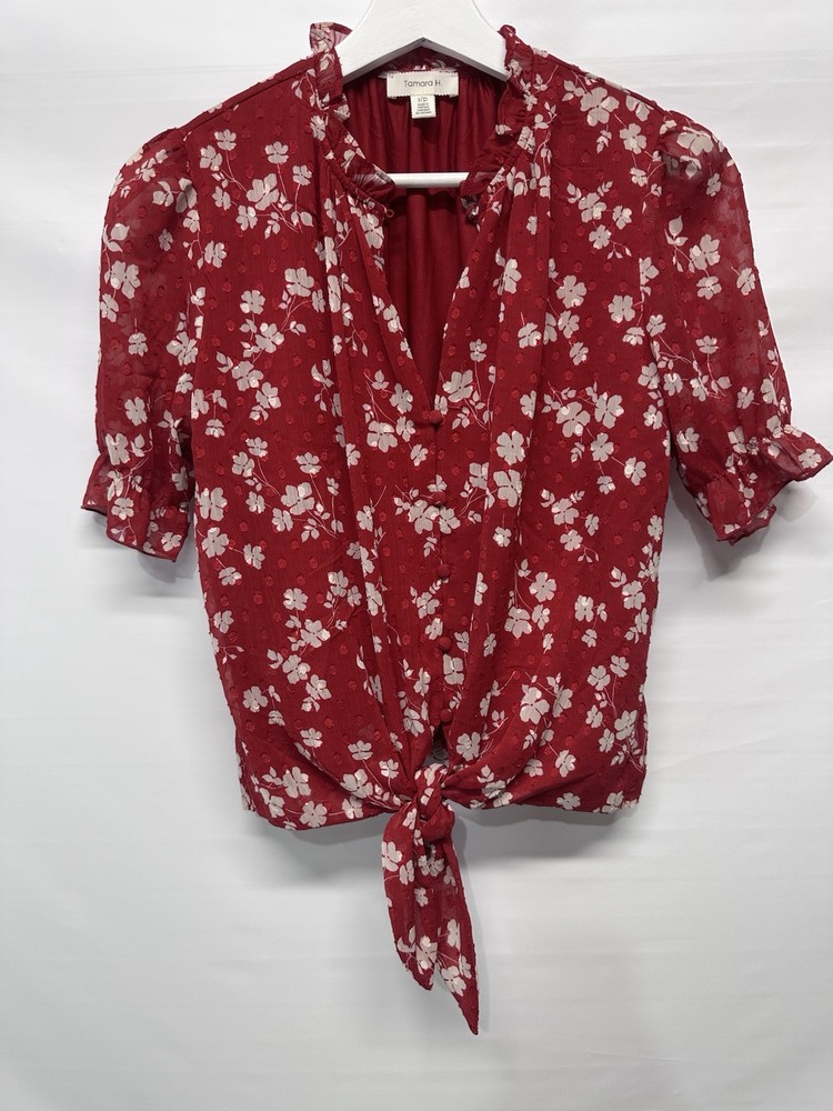 Tamara H Red Blouse Top Short Sleeve Tie Front Lined Size S