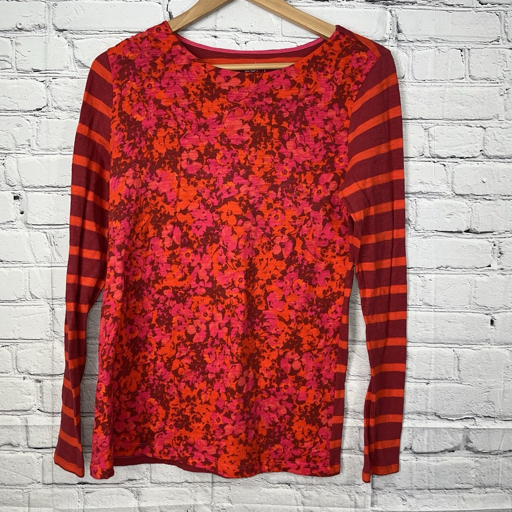 Ann Taylor Loft Floral Striped Shirt Womens Size Medium Pink Long Sleeve