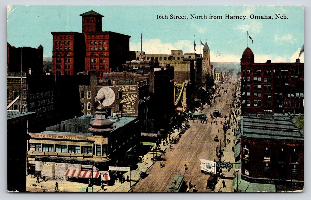 Omaha Nebraska~16th St North Birds Eye View~Trolley~Schlitz Hotel~1912 Postcard