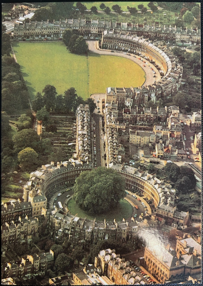 Postcard: Aerial view of Bath, UK, incl Royal Crescent & the Circus, excel cond