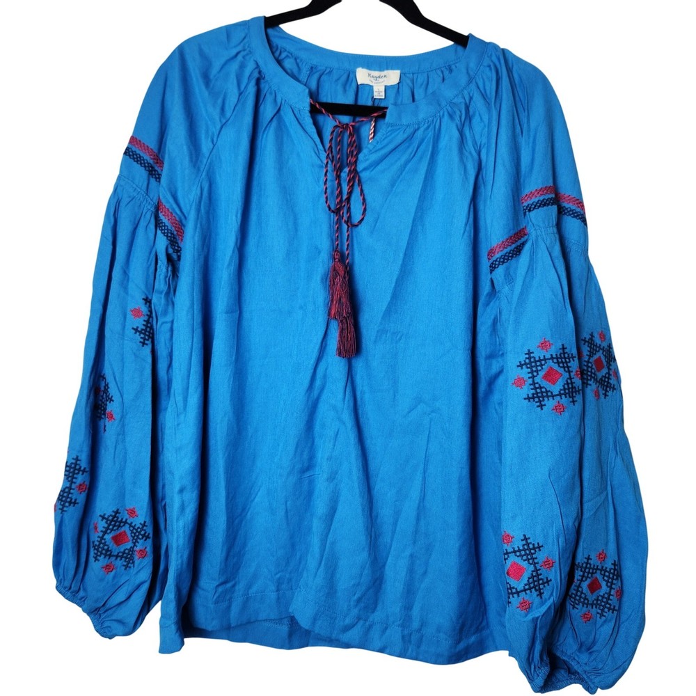 Hayden Los Angeles NWT Blue Boho long sleeve blouse Size Large