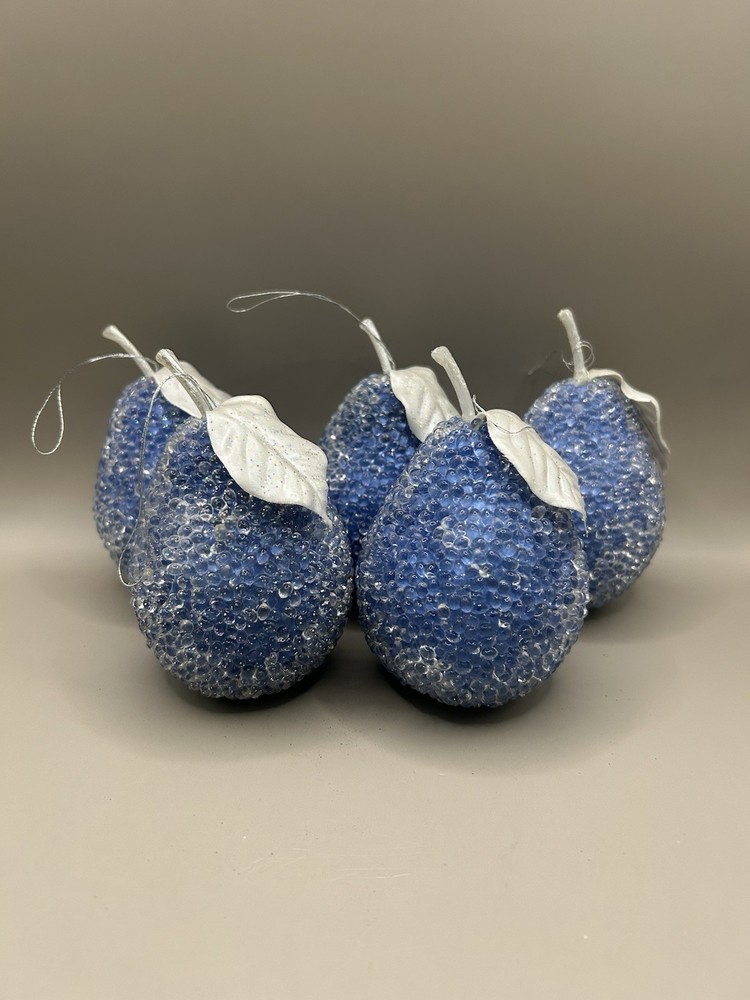 Set Of 5 Icy Sugar Beaded Pear Blue Fruit Ornaments New