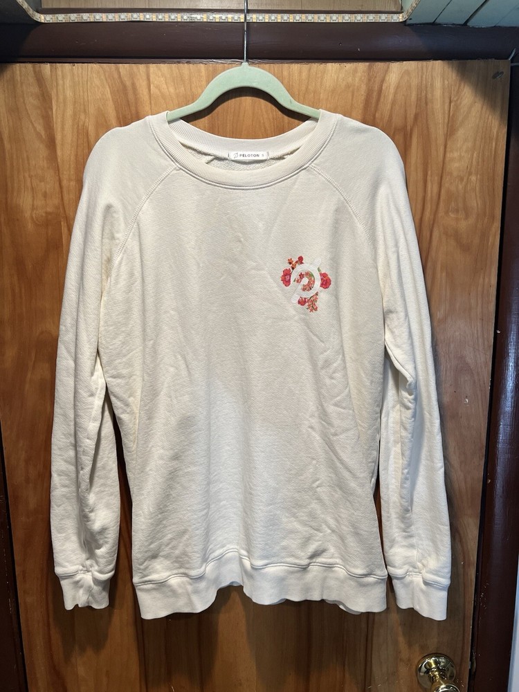Peloton Sweatshirt Womens Small Ivory Cream Floral Logo Crewneck Terry Pullover