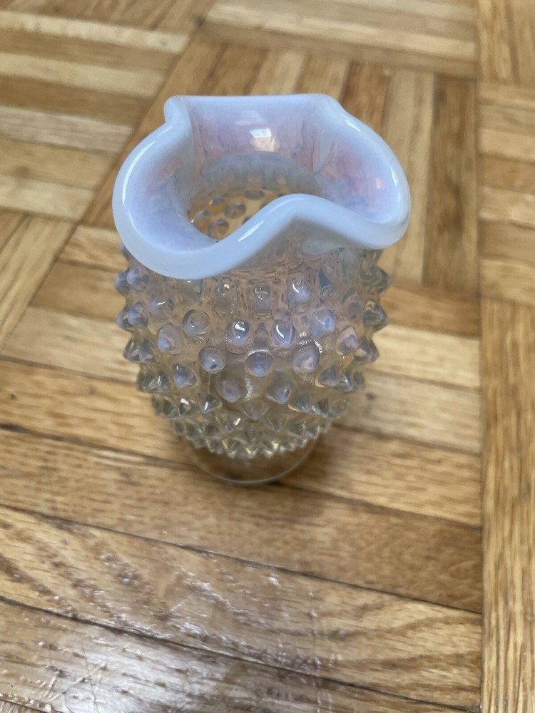 Fenton White Opalescent Ruffled Hobnail Small Bud Vase Vintage