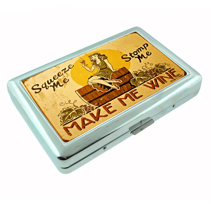 Vintage Poster D245 Silver Metal Cigarette Case Card Wallet Make Me Wine