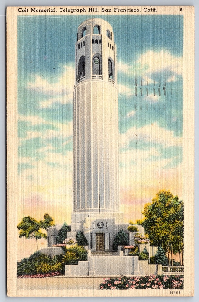 San Francisco California~Coit Memorial~Telegraph Hill~1946 Linen Postcard