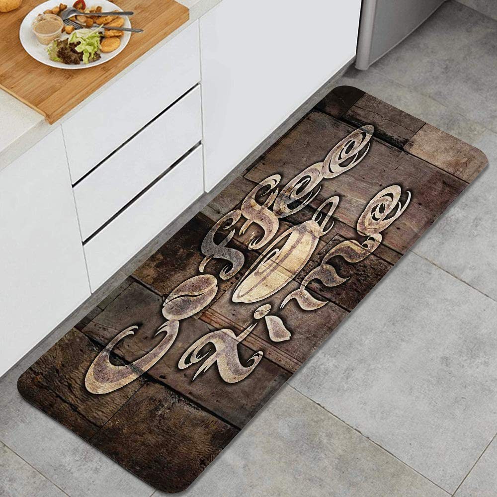 Kitchen Rug Modern Coffee Grunge Print Waterproof Non-Skid Soft Floor Mat